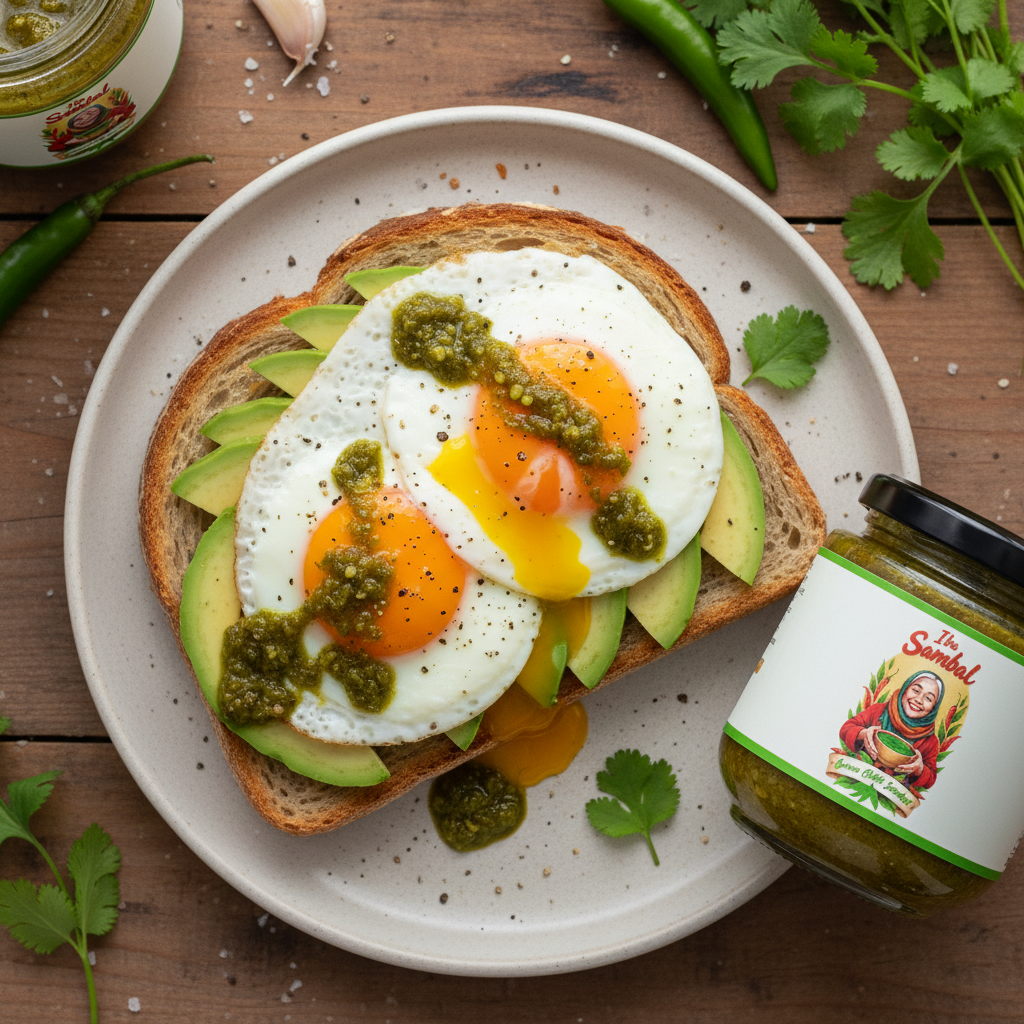 Ibu Sambal Green Chili with Eggs, Avo & Sourdough